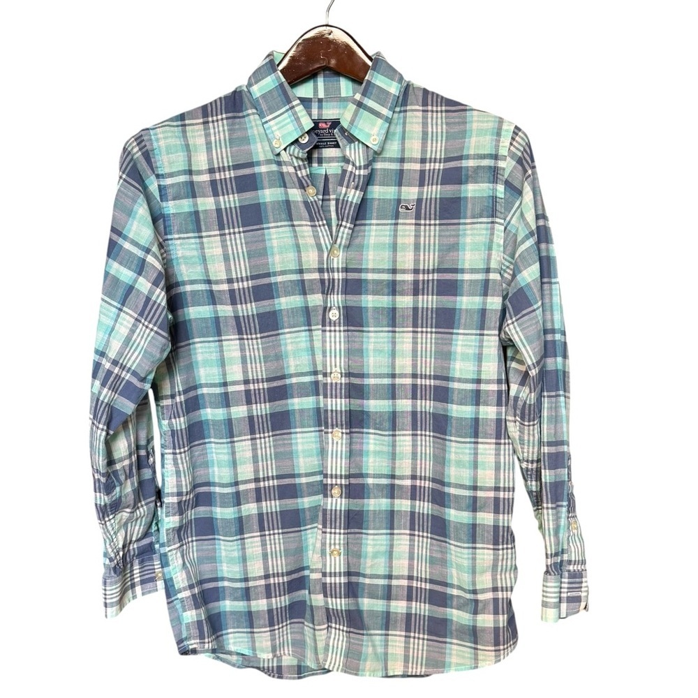 Vineyard Vines Whale Shirt Boys‎ Large 16-18 Blue Plaid Long Sleeve Button Up